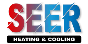 The HVAC company logo for SEER HVAC and it contatins Heating and Cooling below the word SEER.